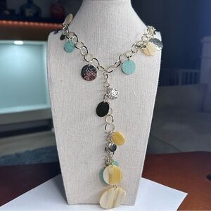 Chico’s Goldtone Chain Y Necklace Tan + Minty Blue Flat Citcle Beads 26-31”